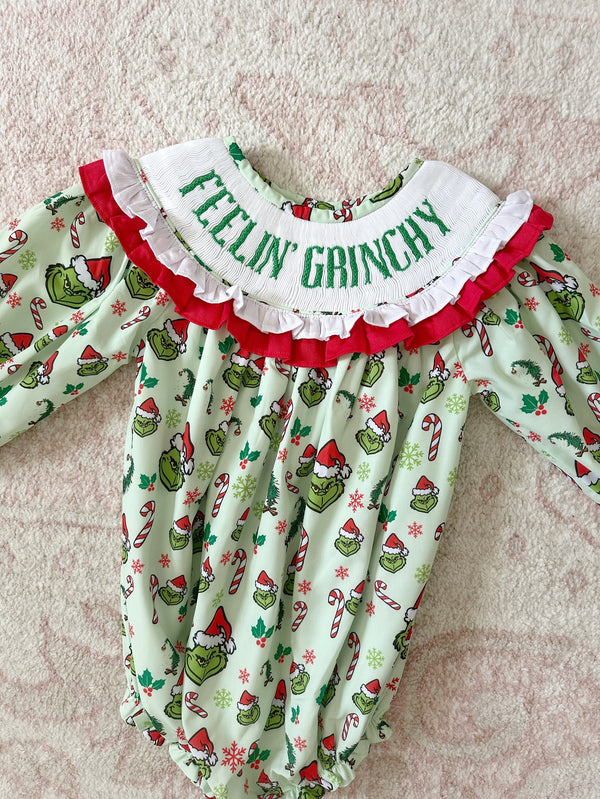 Baby Feelin Grinchy Smocked Romper