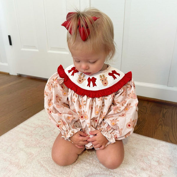 Baby Christmas Reindeer Smocked Romper