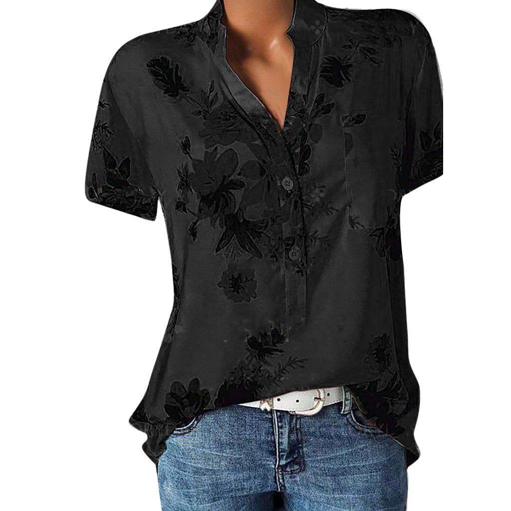 Printed V-neck short-sleeved shirt top Pawlulu