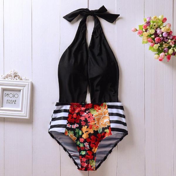 One-piece Floral stripe mom and me swimsuit pawlulu