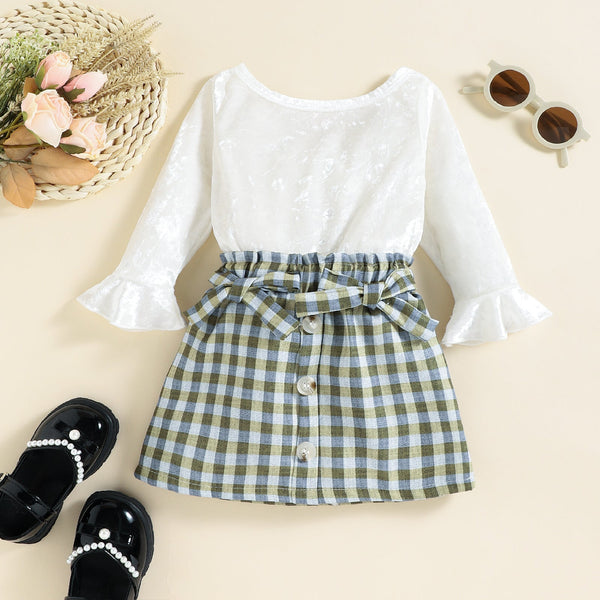 Baby White Long Sleeve + Plaid Skirt Pawlulu
