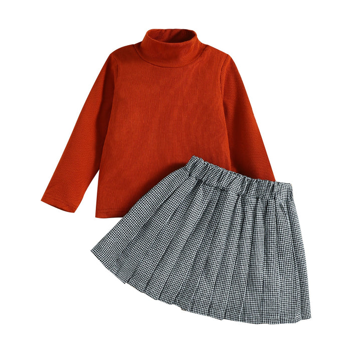 Baby Orange High Collar Top + Plaid Skirt Pawlulu