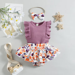Flutter-sleeve Top Floral Skirt Pawlulu