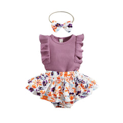 Flutter-sleeve Top Floral Skirt Pawlulu