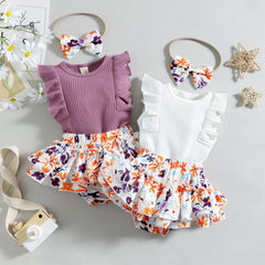 Flutter-sleeve Top Floral Skirt Pawlulu