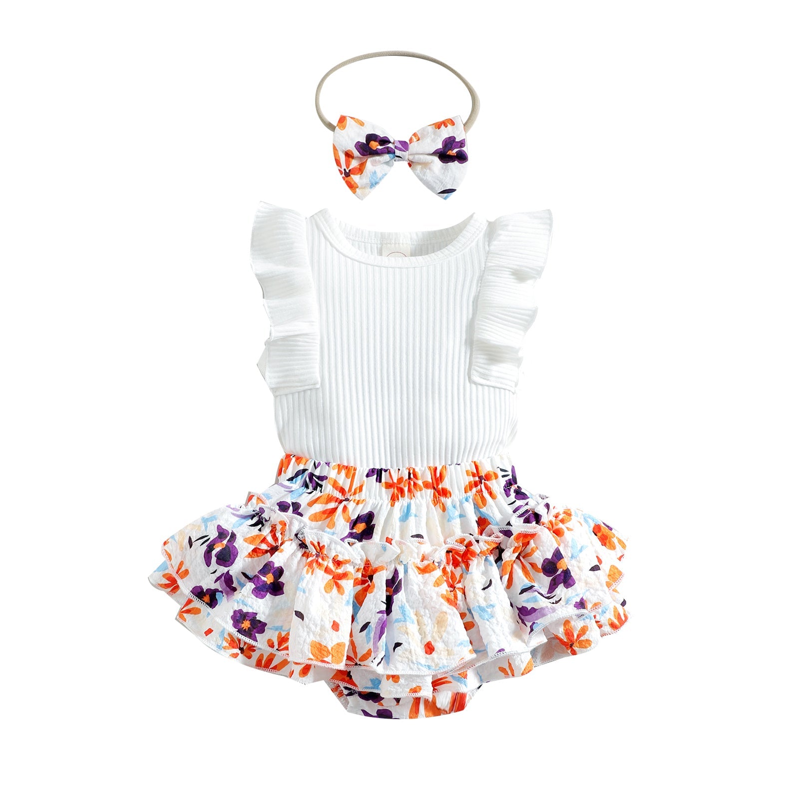 Flutter-sleeve Top Floral Skirt Pawlulu