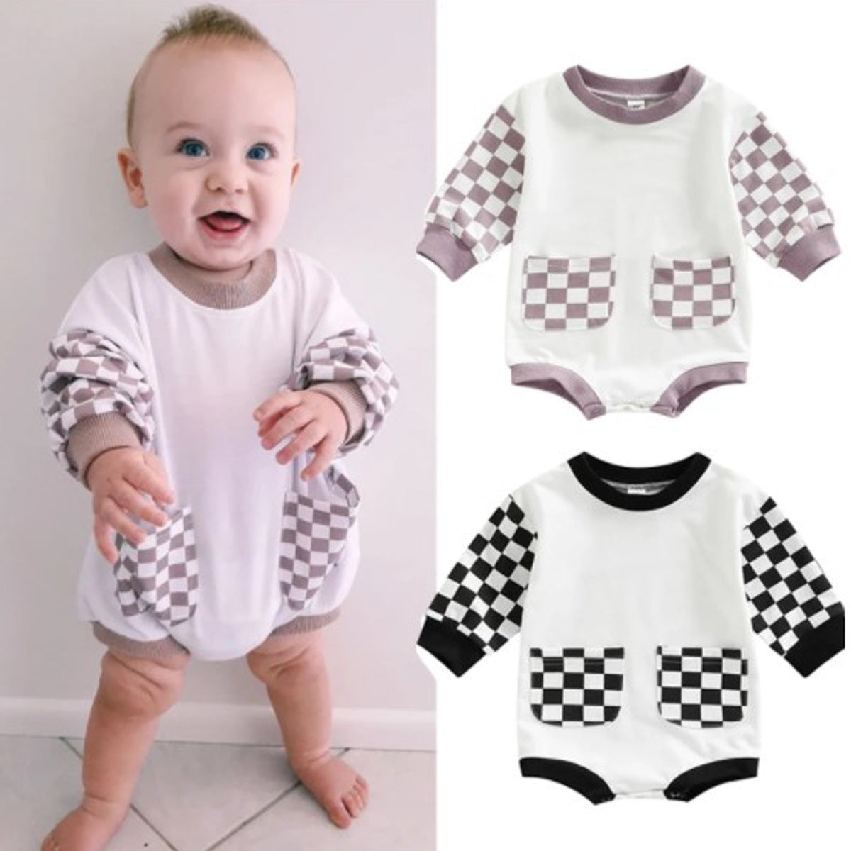 Baby Grid Print Rompers Pawlulu